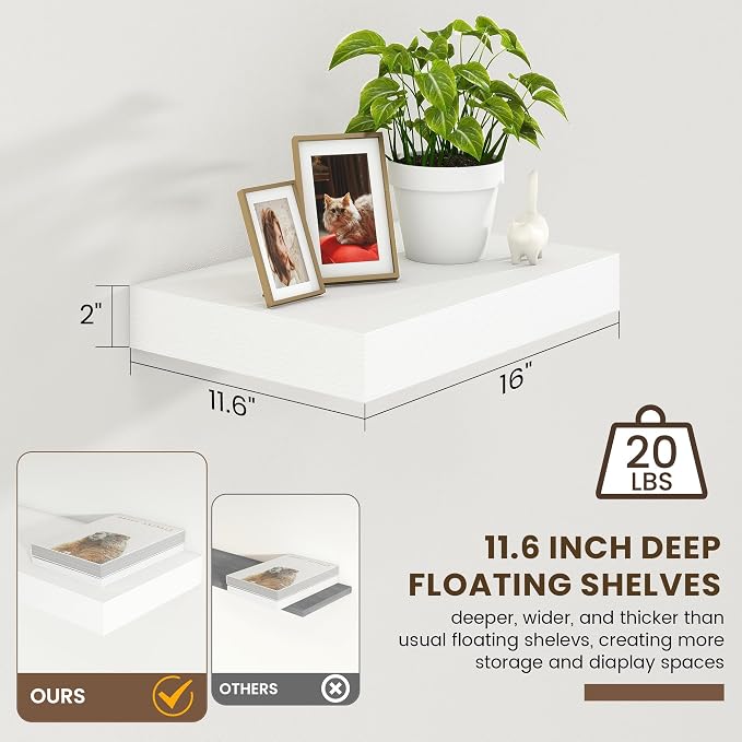 FLYJOE 12 Inch Deep Floating Shelves, 16 Inch White Wall Shelves Set of 2