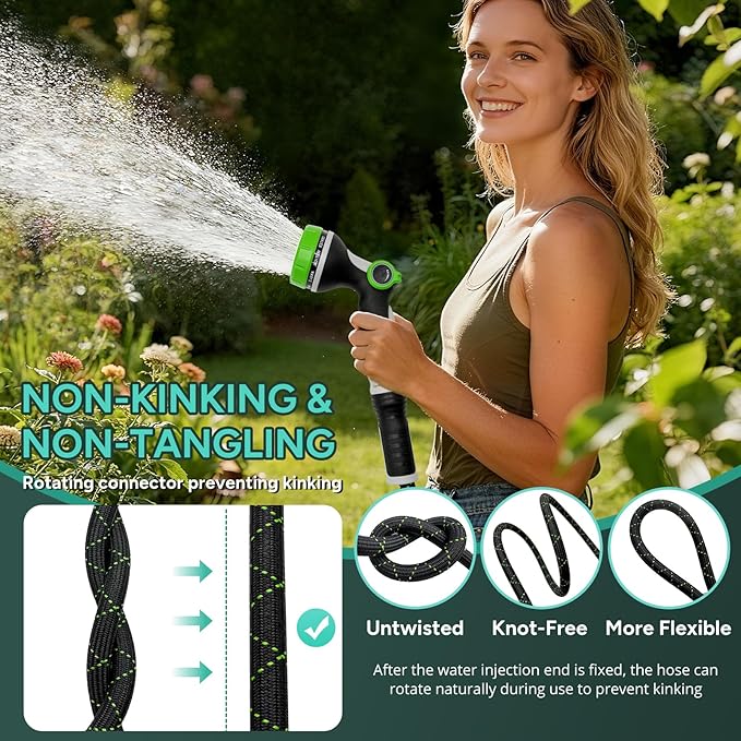 Garden Hose 25FT, Flexible Lightweight Non-Expandable Water Hose with 10 Function Nozzle, No-Kink, Leak-Proof, Burst-Resistant, High-Pressure for Yard, Outdoor