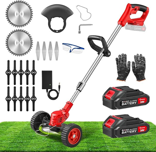 SakerPlus Wireless Weed Cutter, 24V Cordless Electric Grass Trimmer Weed Eater Wacker with 2 Batteries, 3-in-1 Lightweight Brush Cutter/Lawn Mower/Edger with Wheels for Lawn, Garden & Yard(Red)