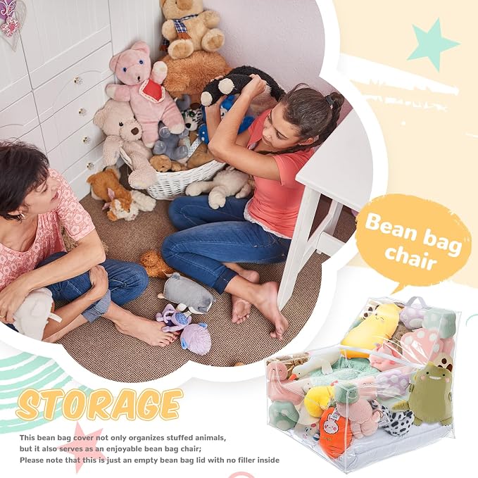 Teenyyou Stuffed Animal Storage Bean Bag Chair Sofa Cover Zipper Large Transparent PVC Stuffed Animal Organizer Bean Bag Seat Only for Organizing Rooms Plush Toys When Filled (Sofa Style,24.8 Inch)