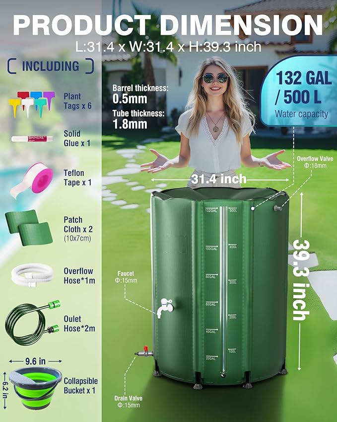 PYY Rain Water Collection Barrel 132 Gallon - Water Storage Tank with Spigots, Hose and Portable Bucket, Large Plastic Collapsible Rain Catcher Catchment System to Collect Rainwater from Gutter