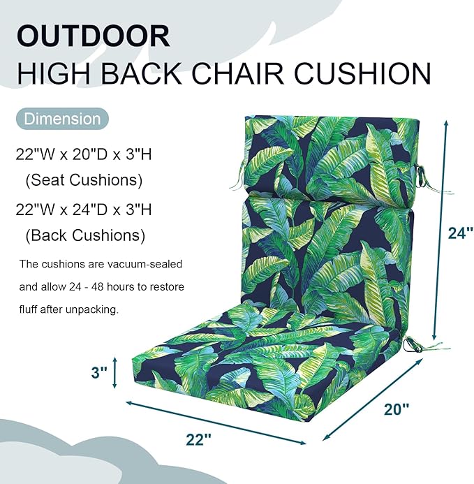 DYTXIII Outdoor High Back Chair Cushions Set of 2, 44"x22" Water Repellent Patio Seat Cushions with Elastic Sponge, All Weather Chair Pads for Rocking, Dining Chairs, Patio Furniture - Hanalei Lagoon