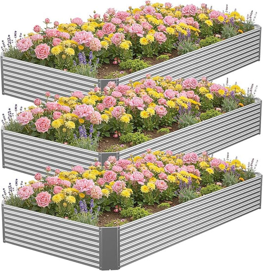 3 Pcs 8 x 4 FT Galvanized Steel Raised Garden Bed – Outdoor Planter Box for Root Vegetables, Herbs & Flowers, Large Metal Garden Beds for Backyards, Terraces and Balconies