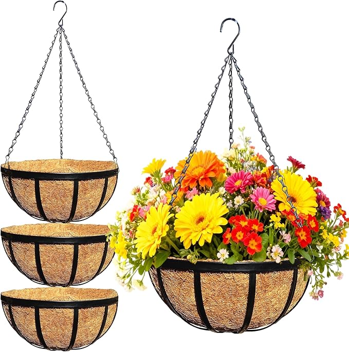 4Pack 12 Inch Metal Outdoor Hanging Baskets Black Heavy Duty Hanging Planters with Coco Liners for Indoor Outdoor Plants Gardens Patios Terraces（Flat Iron）