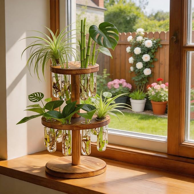 Plant Propagation Station, Plant Terrarium With Wooden Stand, 15 Tube Vases | Retro Rotation Plant Stand for Hydroponics Home Garden Office Decor, Unique Gardening Birthday Gifts for Women Plants Lovers