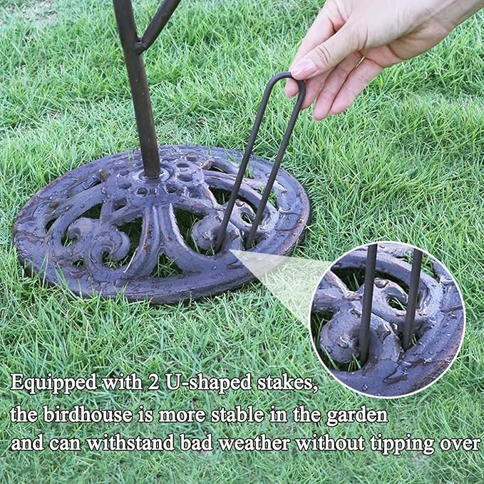 Metal Birdhouse Outdoor, Birdhouse Pole – Integrates Bird Feeder and Bird Bath, 3-in-1 Multi-Functional for Yard Decorations Outdoor, Cast Iron Base