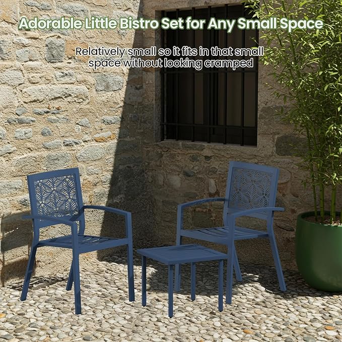 BUPPLEE 3 Piece Patio Bistro Set, Outdoor Steel Furniture Set, Stackable Modern Conversation Sets for Balcony Garden Deck Patio w/2 Chairs 1 Table, Peacock Blue