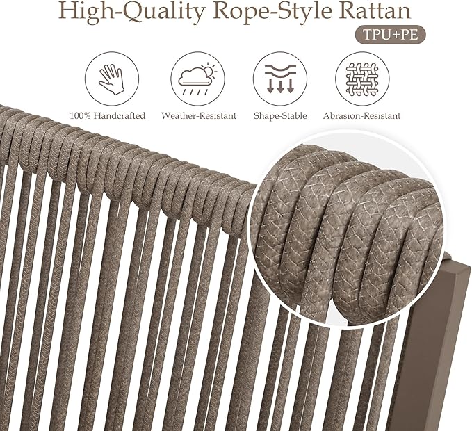 Outdoor Patio Wicker Rattan Dining Chairs, Heavy-Duty Wrought Iron Frame Supports 300lbs, Ergonomic Backrest, Detachable Breathable Cushion, for Garden & Porch, Light Brown, Set of 2