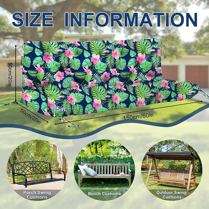 Extra Thick 5" Waterproof Porch Swing Cushions Outdoor 60 inch Swing Cushions 3 Seater Replacement with Backrest and Ties for Outdoor Furniture Patio Bench Garden（Flower02）