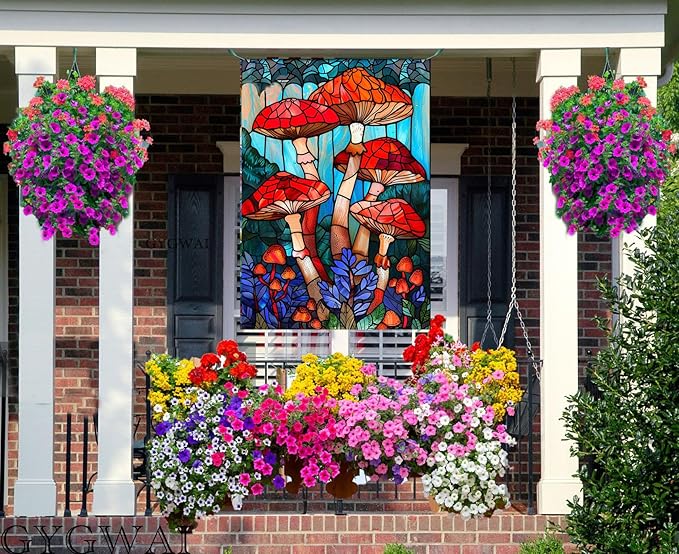 Stained Glass Mushroom Spring House Flag 28x40 Inch Double Sided, Large Burlap Garden Yard Flag for Seasonal Farmhouse Outside Outdoor Decor