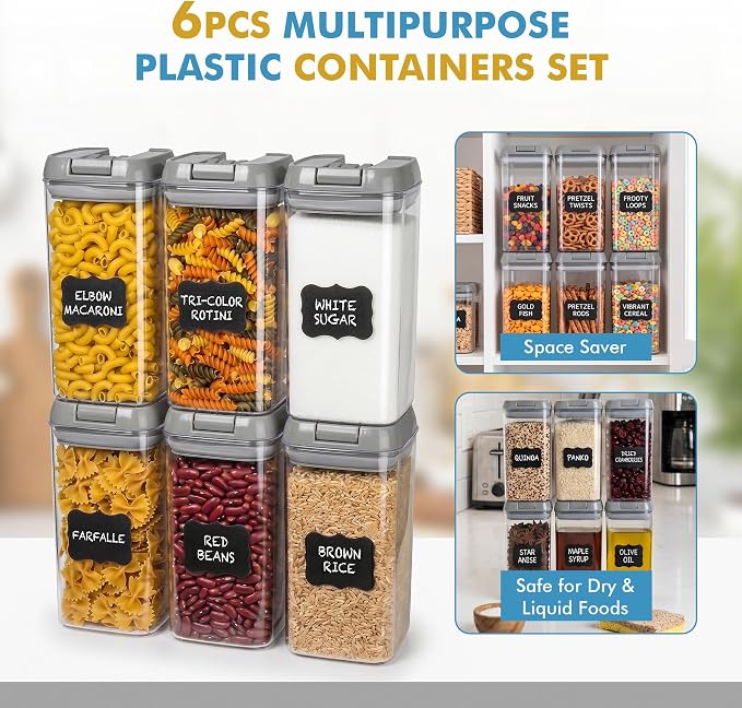 Shazo 6 PC 1.2L Airtight Food Storage Containers with Lids BPA Free Plastic | Clear Food Storage Containers with Easy Lock Leakproof Lids for Kitchen & Pantry Organization, Snacks, Pasta, Cereals & Beans