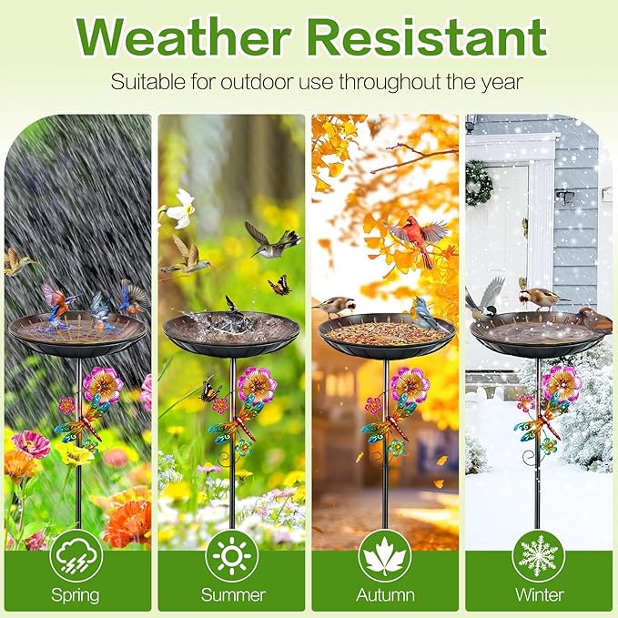 Metal Bird Bath for Outside, Removable Birdbath Feeder Bowl for Outdoors, Freestanding Bird Baths with Upgraded 5-Pronged Base for Garden Patio Yard Lawn Decor (Vintage Red-Yellow)