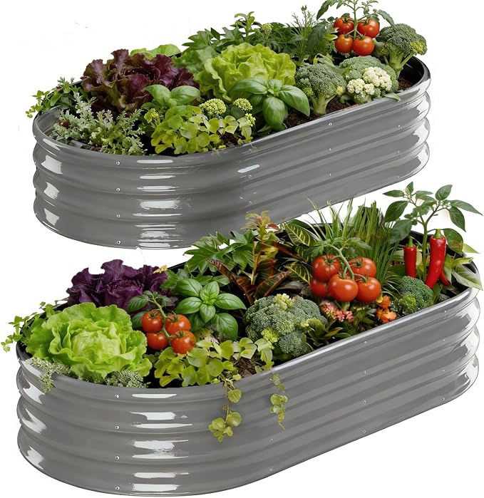 Rakukiri Raised Garden Bed Outdoor 2 Sets Oval Large Coating Metal Planter Box with No Heavy Metal for Vegetables, Flowers, Herbs