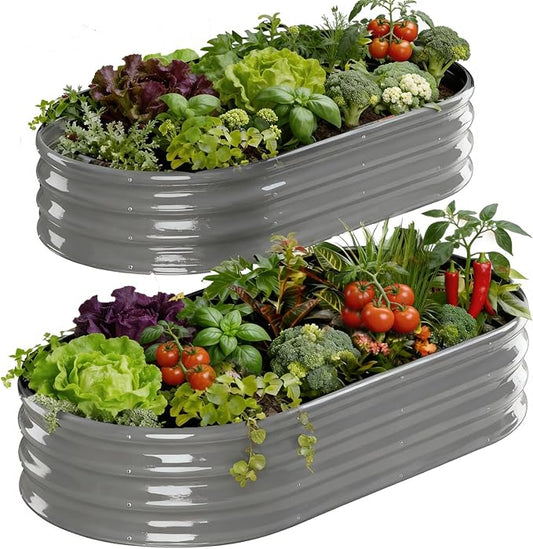 Rakukiri Raised Garden Bed Outdoor 2 Sets Oval Large Coating Metal Planter Box with No Heavy Metal for Vegetables, Flowers, Herbs