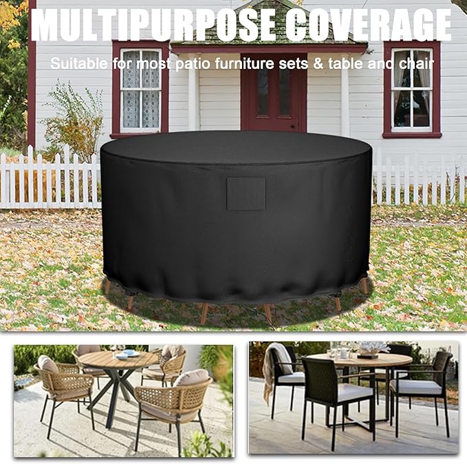 Falflor Round Patio Furniture Cover 600D Oxford Outdoor Table and Chair Cover Waterproof Round Table Cover Windproof Anti-UV Garden Furniture Cover 84''D x 28''H
