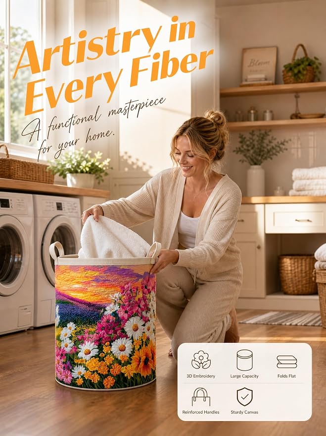 Quilted Laundry Basket with Handles, Boho Floral Quilted Storage Hamper, Large Capacity Laundry Hamper for Nursery Bedroom Laundry Room Home Decor (Pattern 01, Medium (22"H x 16"W x 16"L))