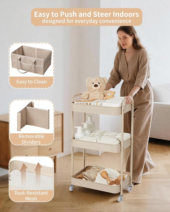 Fortella Baby Diaper Caddy, 3 Tier Rolling Cart for Baby Essentials, Taupe