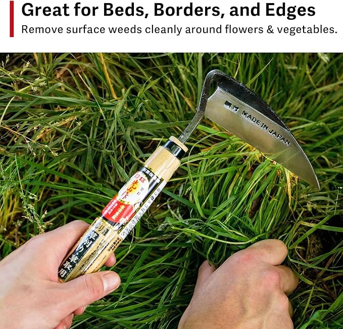 HONEN Japanese Left-Handed Nejiri Kama Weeding Sickle, Sharp Composite Steel Hand Weeder for Precise Weed Removal in Tight Spaces, Wood Handle, Made in Japan