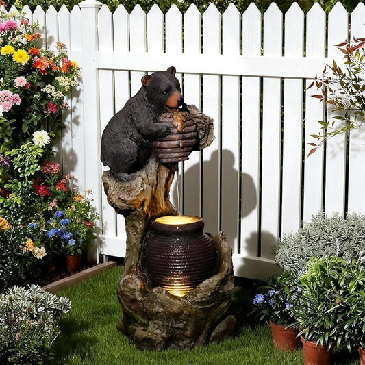 Sunlinua 33" H Bear Outdoor Water Fountain, Decorative Resin Water Fountain with LED Lights, Garden Waterfall Fountains Indoor and Outdoor for Patio, Porch, Courtyard, Home Decor