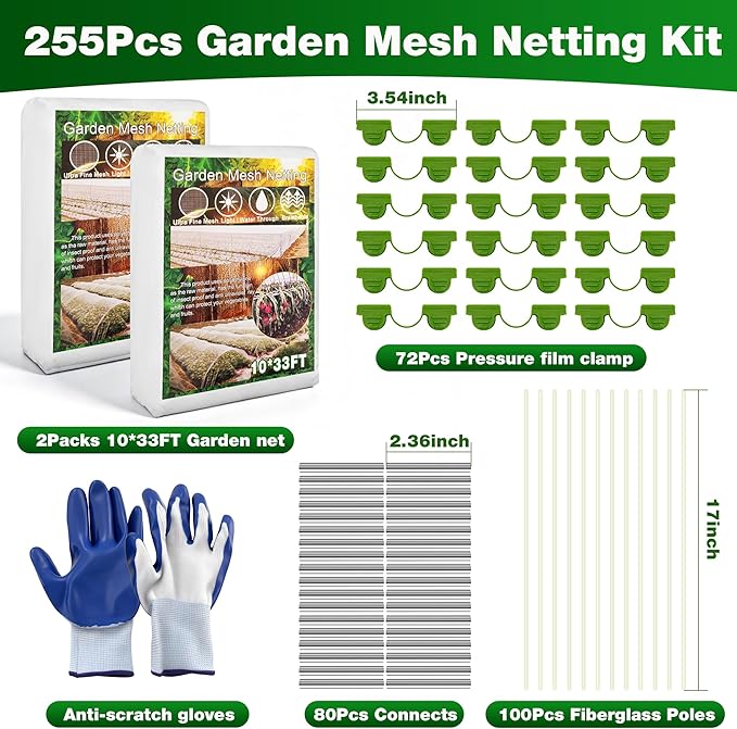 Garden Mesh Netting Kit, 2 Pieces 10x33FT Garden Netting, 100 Garden Hoops 80 Connectors 72 Clips 1 Pair Gloves, Protection for Plant Vegetable Fruits Flowers Greenhouse (White 10 * 33ft)
