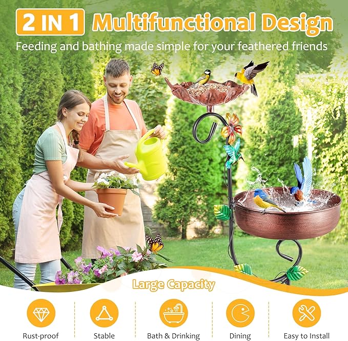 2 In 1 Bird Bath for Outside, Free Standing Large Metal Bird Baths Bowls & Bird Feeder Combo for Outdoors Garden Yard Lawn Decor, Vintage Wild Birdbaths Stand for Hummingbird, Copper