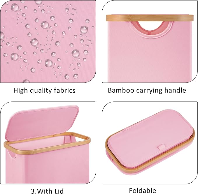 Slim Laundry Basket,60L Laundry Hamper with Lid, Tall Hamper for Laundry,Dirty Cloth Hamper with Bamboo Handle for Toys,Towels, Clothes Organizing,Pink