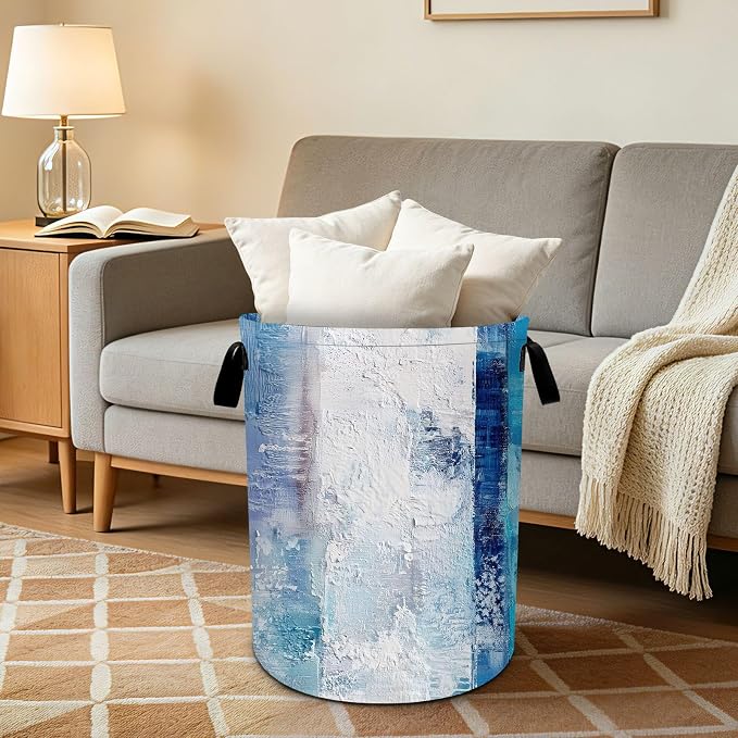 Abstract Blue Laundry Basket Collapsible Oxford Laundry Hamper Clothes Storage Bin with Handles for Bedroom Bathroom Laundry Room 19.6 x 15.7 Inches