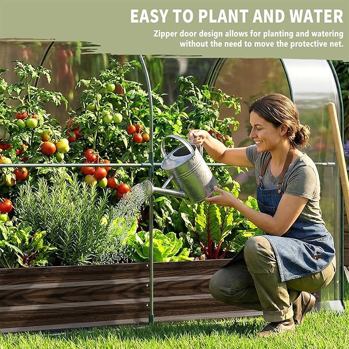 SUNYRISY Galvanized Raised Garden Bed with Greenhouse, Outdoor Metal Planter Box Kit with Bed Cover, Garden Box Protection for Gardening Vegetables Flowers Herbs Planting, Wood Grain