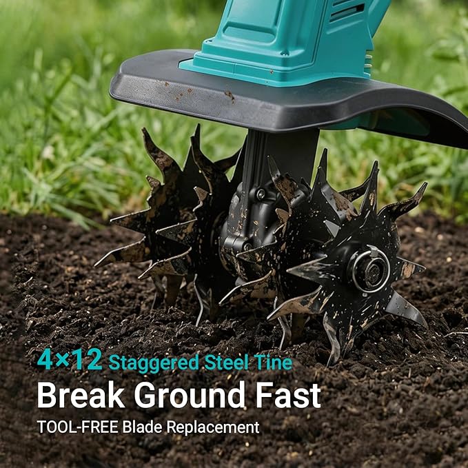 Cordless Brushless Garden Tiller Cultivator Compatible with Makita 18v Battery (Tool Only), 10’’ Wide 7’’ Deep Electric Soil Rototiller, 48-Tine Mini Rotary Aerator for Garden Beds & Soil Preparation