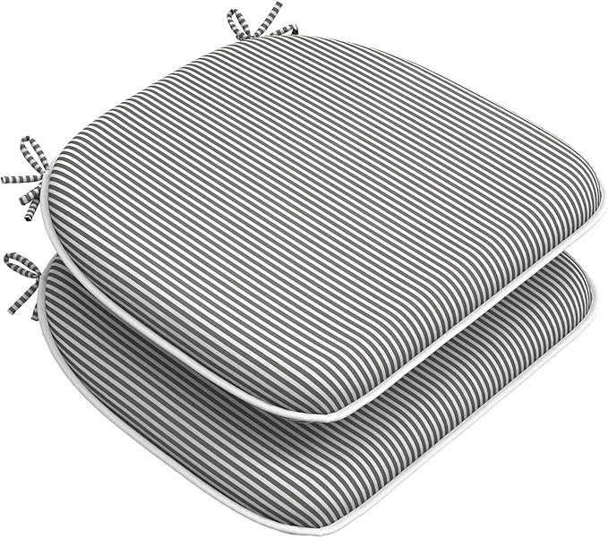 DYTXIII Set of 2 Outdoor Chair Cushions with Ties,Water Repellent Patio Chair Pads 17"x 16" for Outdoor Furniture,Round Corner Seat Cushions for Garden Yard Kitchen Stripe Gray