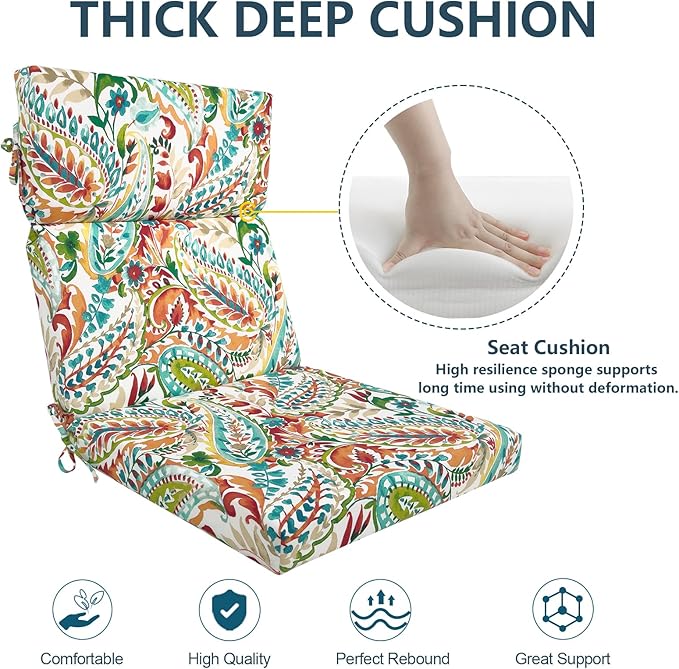 DYTXIII Outdoor High Back Chair Cushions Set of 2, 44"x22" Water Repellent Patio Seat Cushions with Elastic Sponge, All Weather Chair Pads for Rocking, Dining Chairs, Patio Furniture - Pretty Paisley
