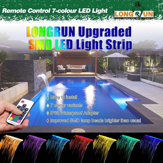 LONGRUN Acrylic Waterfall Spillway Multi-Color LED Light Pool Fountain, Water Spillway Outdoor Koi Pond Waterfalls Fountains Kit for Garden Koi Ponds Patio Swimming Pool Decoration-35.4"