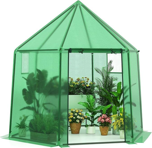 HAPPYGRILL 6.5 x 5.6 x 6.2 FT Greenhouse, Portable Outdoor Greenhouse w/ PE Cover, Rustproof PE-Coated Metal Frame, Roll-up Zippered Door, Windows, Greenhouses for Outdoors, Garden, Patio, Backyard
