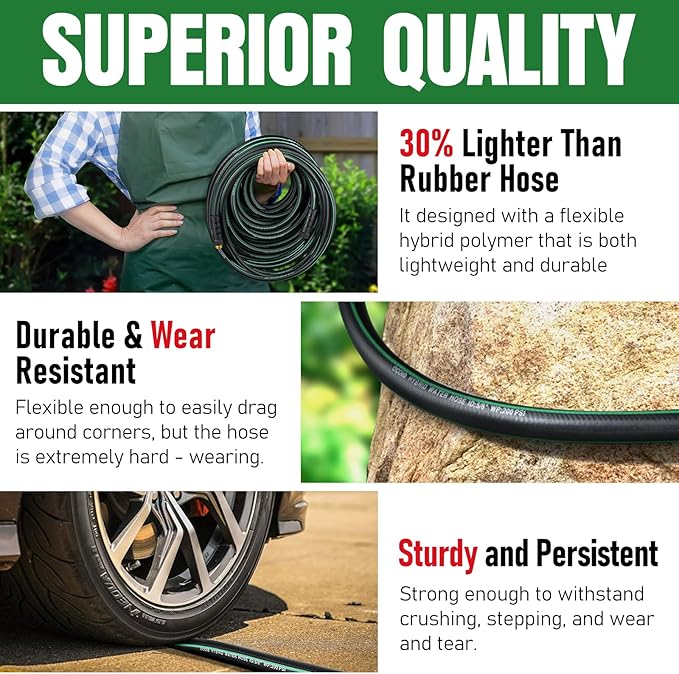Heavy Duty Garden Hose 100 ft, NON-EXPANDABLE Water Hose with 10 Function Spray Nozzle, Lightweight Kink-less Hybrid Hose with Swivel Handle, Male to Female Fittings