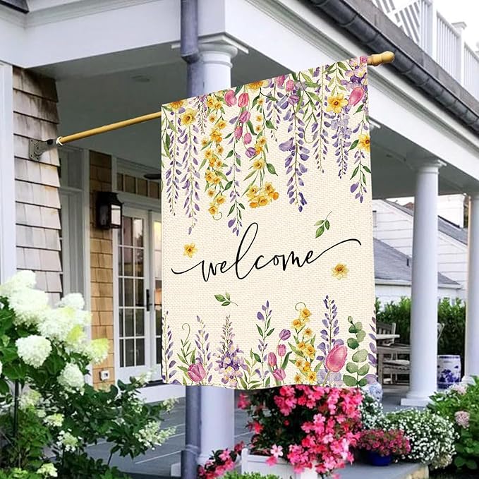 Spring Summer Wisteria Wildflowers Welcome House Flag 28 x 40 Inch Double Sided, Daffodils Floral Large Yard Garden Flags Holiday Farmhouse Flags for Patio Outdoor Outside Decoration