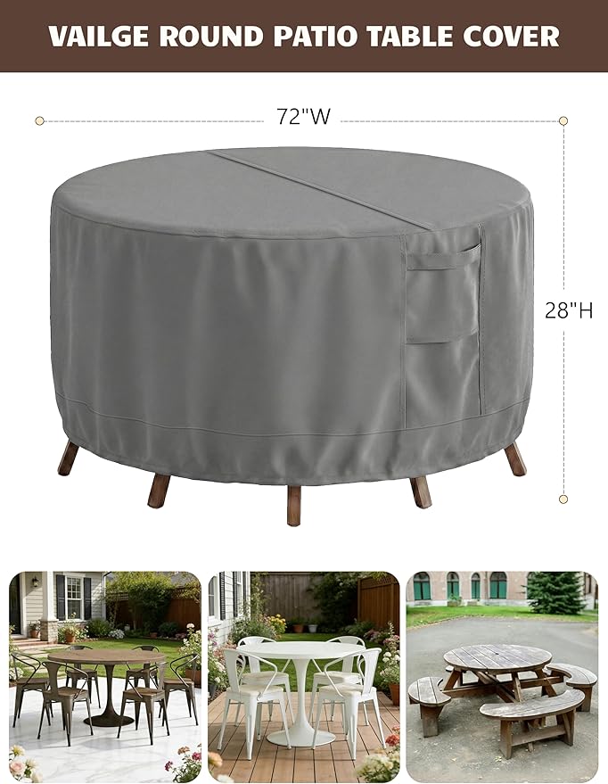 Vailge Patio Furniture Covers Round, Outdoor Furniture Covers Waterproof Windproof, 600D Oxford Outdoor Patio Table and Chair Cover (Grey, 72"DIAx28"H)