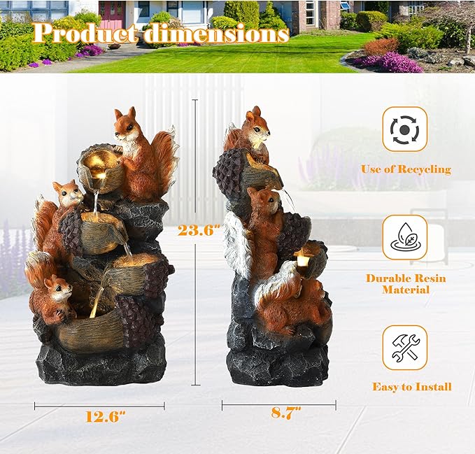 24" H Outdoor Water Fountain, 4-Tiers Cascading Garden Waterfalls with 4 LED Lights, Modern Freestanding Bird Bath Fountain with Pinecones & Squirrels, for Yard Patio Deck and Indoor Decor