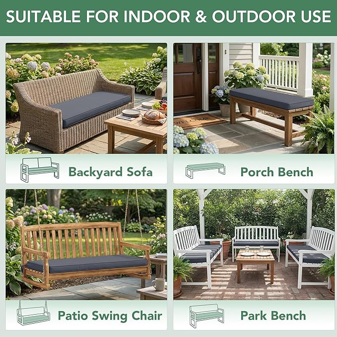 Summsun Outdoor Bench Cushion: Waterproof and Fade Resistant Patio Furniture Cushions - Non-Slip Bench Pad Cushion with Removable Cover for Garden Swing Porch Sofa Settee, 48 x 18 x 3 Inch, Dark Grey