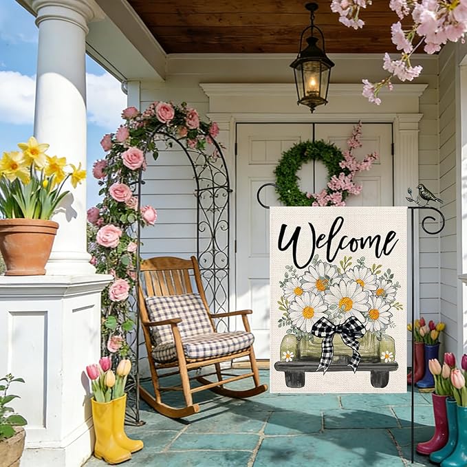 GEEORY Daisy Eucalyptus Truck Welcome Garden Flag 12x18 Inch, Double Sided Spring Summer Small Floral Flag, Farmhouse Rustic Outdoor Outside Yard Lawn Decoration