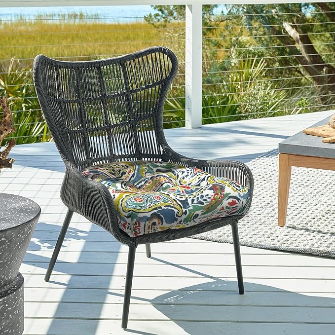 DYTXIII Set of 2 Outdoor Chair Cushions 19"x19"x4", Water Repellent Tufted Patio Seat Cushions with Ties, Thick Replacement Pads for Wicker Dining Chairs, Patio Furniture, Paisley Paradise