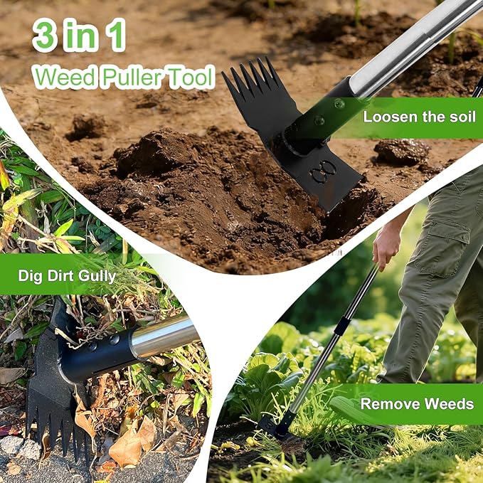 Weed Puller Tool with Long Handle 3 in 1 Manual Garden Hoe Heavy Duty Weeder Remover Tool for Yard, Lawn, Patio and Garden