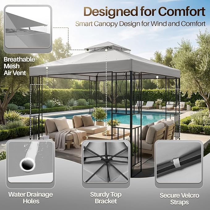 Flexzion Gazebo Cover Replacement Canopy Top 8x8 Ft (2.4m x 2.4m) - Double Tier Top Canopy Cover Replacement with UV30+, Dirt, Water Resistant for Outdoor, Sunshade, Garden, Patio, Pavilion (Gray)