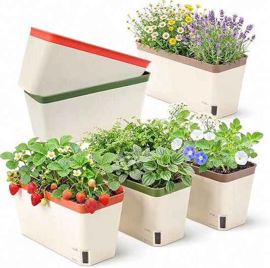 OurWarm Self Watering Pots for Indoor Plants, 6 Pack 10.5 Inch Plastic Window Herb Planter Box with Water Level Indicator, Modern Decorative Windowsill Planters for Herbs, Flowers, Seedlings