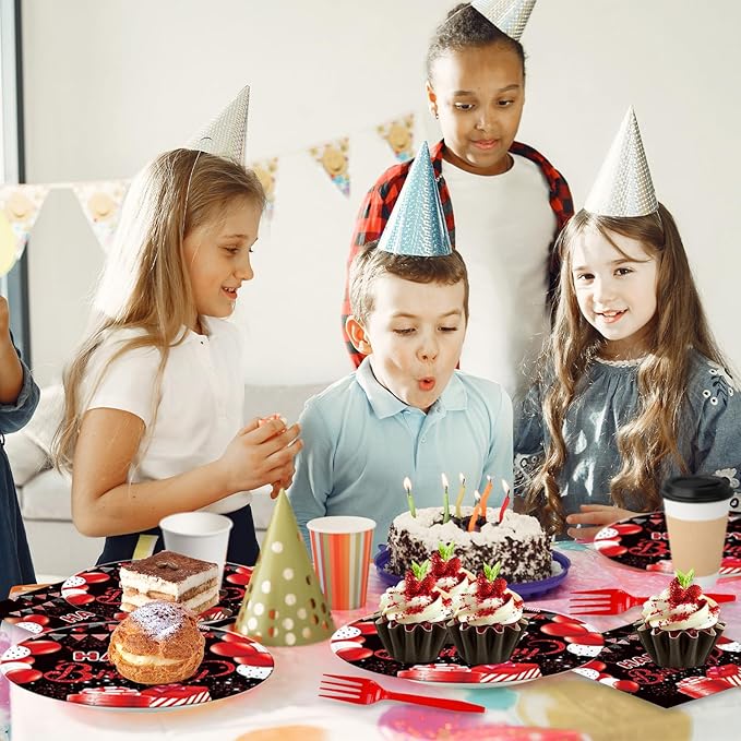 48Pcs Red and Black Birthday Decorations,Birthday Party Supplies Plates Napkins and Forks Set for Men Women，Serves 16