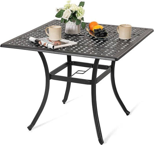 NUU GARDEN 35 Inch Square Cast Aluminum Outdoor Dining Table for 4 with Umbrella Hole and Mesh Top, Patio Table for Garden Backyard Poolside, Black with Gold Speckles