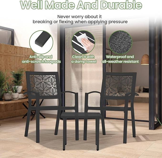 BUPPLEE 3 Piece Patio Bistro Set, Outdoor Steel Furniture Set, Stackable Modern Conversation Sets for Balcony Garden Deck Patio w/2 Chairs 1 Table, Black