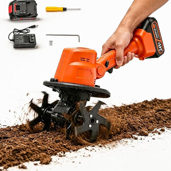 21V Cordless Tiller Cultivator, 235RPM Electric Garden Tiller with 1.5Ah Battery & Charger, 3.94-Inch Tilling Width & Depth Handheld Cultivator for Soil Loosening, Weeding, and Home Gardening