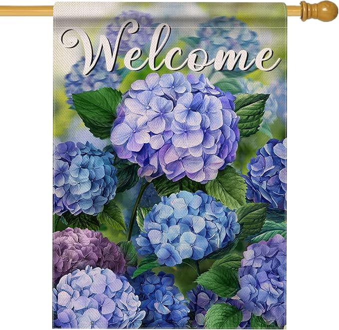 Hzppyz Welcome Spring Floral Flowers House Flag Double Sided, Hydrangea Decorative Garden Yard Outdoor Large Decor, Summer Farmhouse Burlap Home Outside Decoration 28 x 40