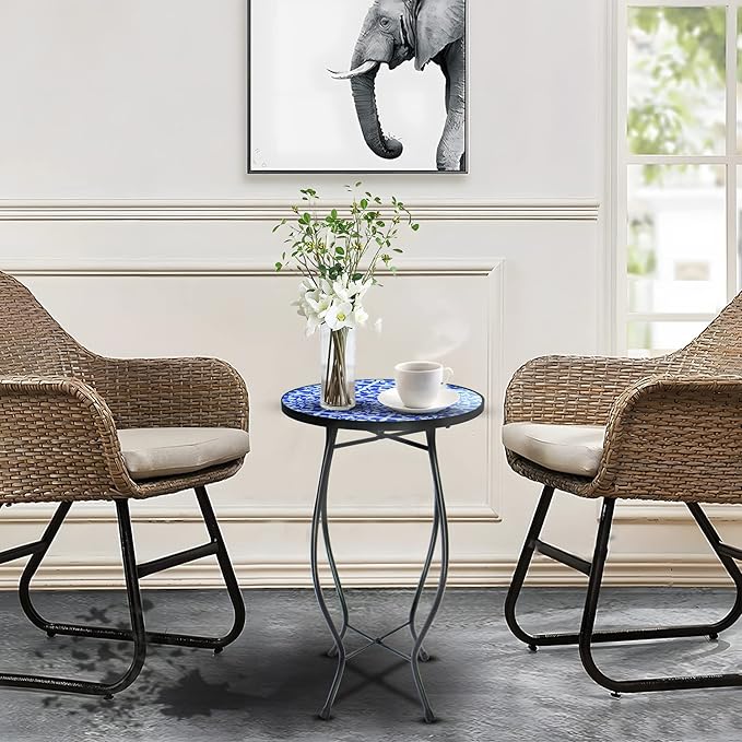 Arbuxzuy 12 Inch Small Outdoor Side Table with Blue-White Mosaic, Glass Mosaic Patio Table Indoor, Round Plant Coffee Table for Living Room, Balcony, Garden