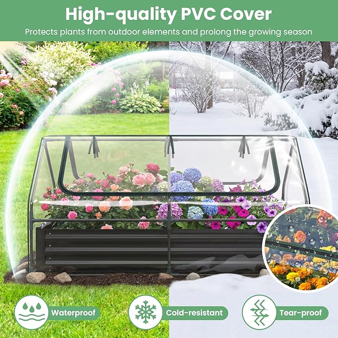 HAPPYGRILL Raised Garden Bed with Cover, Planter Boxes Outdoor w/Mini Greenhouse, 2 Roll-up Windows & Open-Ended Base, Metal Growing Raised Bed for Vegetables (Black, 72” x 36” x 37”)